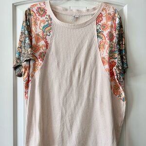 Cato Cream Waffle Knit Tee with Floral Raglan Sleeves